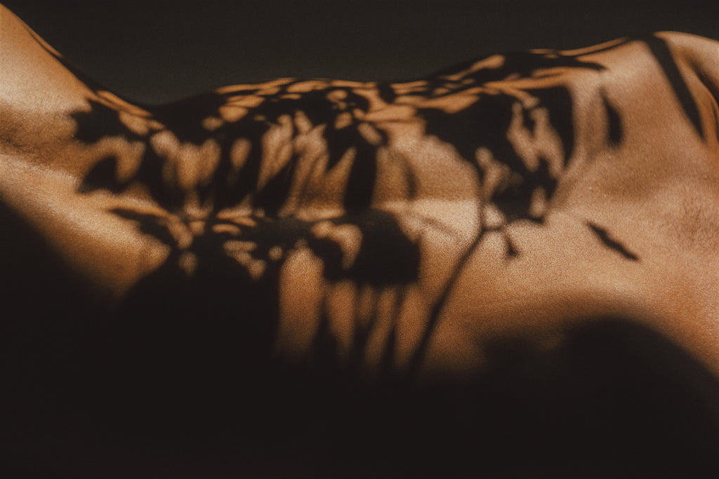 close up image of medium toned skin with feminine appearing body laying horizontally and plant shadows lay overtop. 