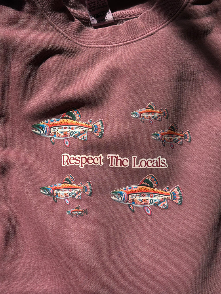 Maroon unisex sweatshirt with colorful salmon designs and 'Respect The Locals' text on a brown background.