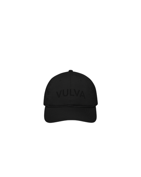 Sex-positive vintage style baseball hat supporting women’s reproductive health made in small batches to order by Momoto Apotheca. All black hat with black embroidered vulva lettering on front with small metal enclosure. 