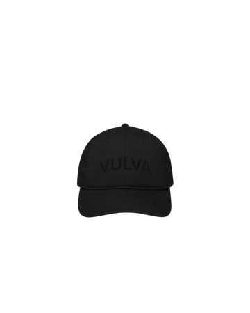 Sex-positive vintage style baseball hat supporting women’s reproductive health made in small batches to order by Momoto Apotheca. All black hat with black embroidered vulva lettering on front with small metal enclosure. 