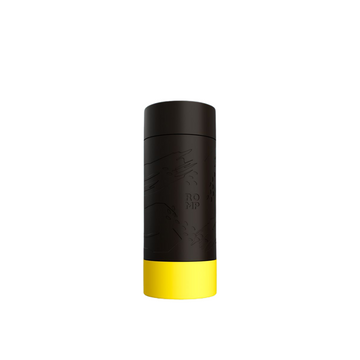 Product display showcasing Romp Dash Manuel Stroker by Wow Tech. Stroker is black with yellow base positioned vertically and centred against a white background. 