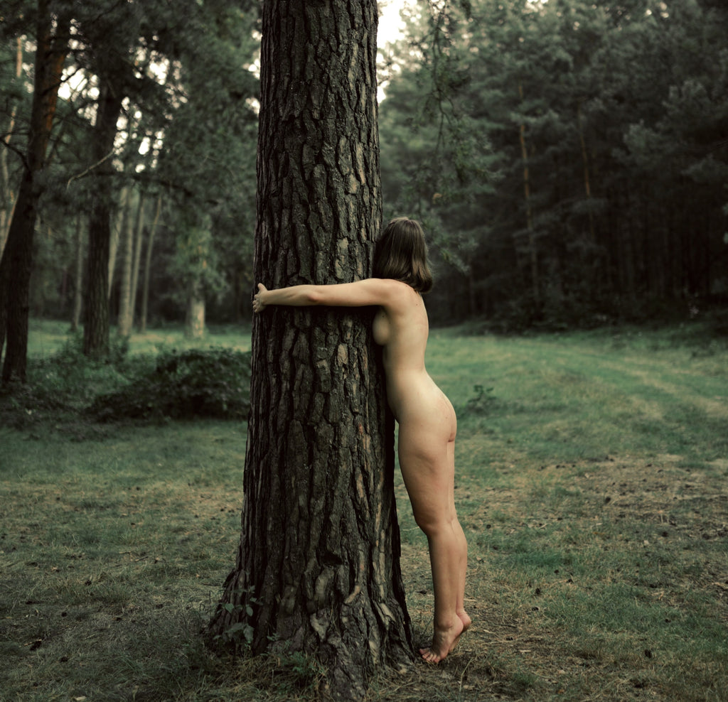 Artistic photo of nude woman standing on the tip of her toes while hugging a tree wile facing the opposite direction. 