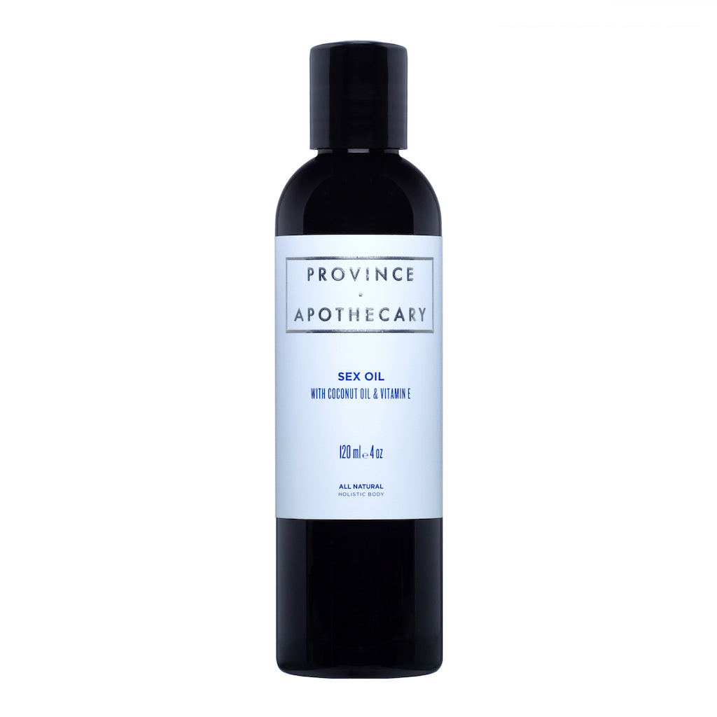 120ml black bottle of Province Apothecary sex oil being displayed against solid white background.