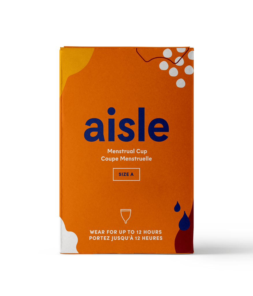 Orange decorated Aisle brand menstrual cup in size A product box 