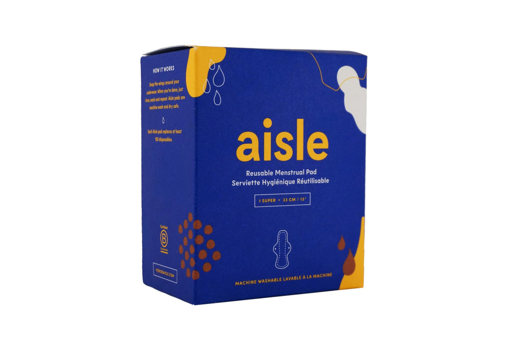 Blue decorated box of Aisle super absorbency reusable menstrual pad in front of white background.