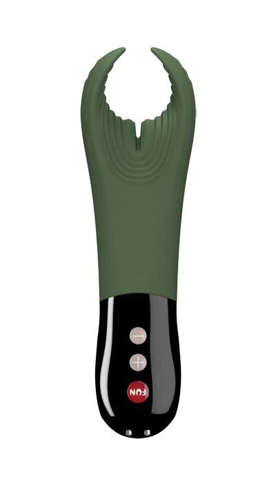 Fun Factory Manta masterbator and stroker product in forrest green standing vertically against solid white background. 
