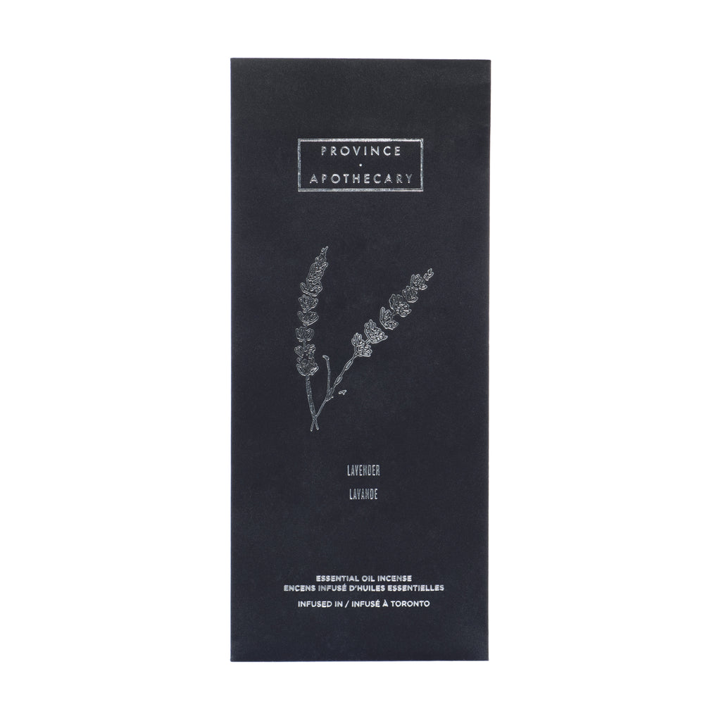 Black foil decorated package of Provice apothecary incense in lavender displayed standing against white background. 