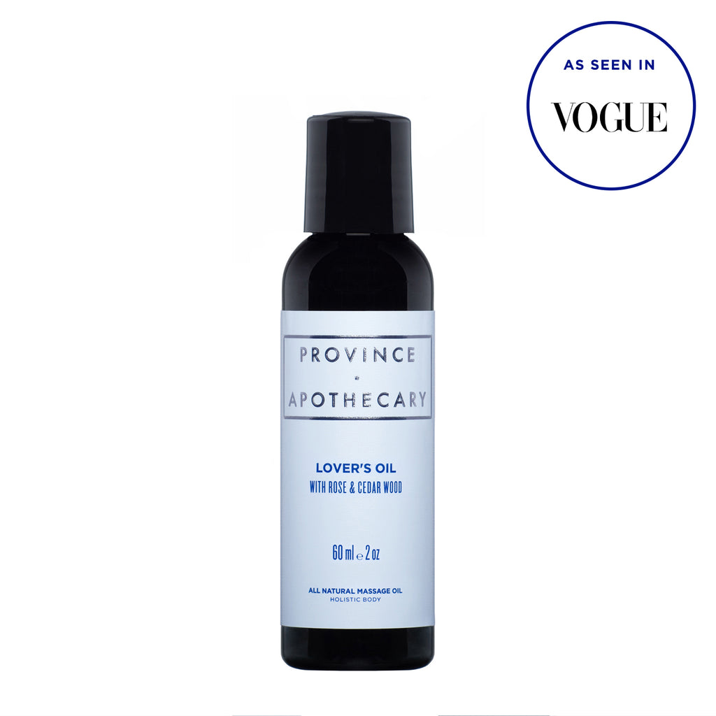60ml black bottle of Province Apothecary naturally formulated and dermatologist recommended Lovers oil being displayed against solid white background. Includes "as seen in vogue" stamp on image. For massages and Improving intimate moments with skin nourishing oils and seductivly scented cedar and wild rose essential oils 