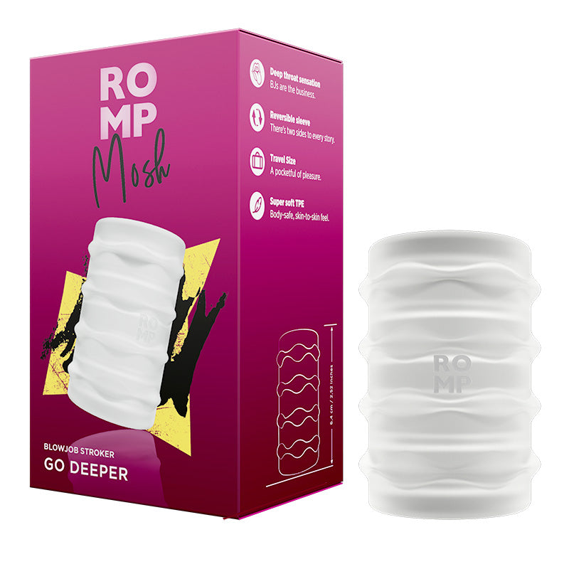Picture id displaying Romo Mosh Stroket on solid white background with opened product and box displayed side by side. Mosh is a white sleeve designed pleasure and sexual wellness device that is cylindrical in shape with a textured exterior and interior. Product box shows additonal image of product.