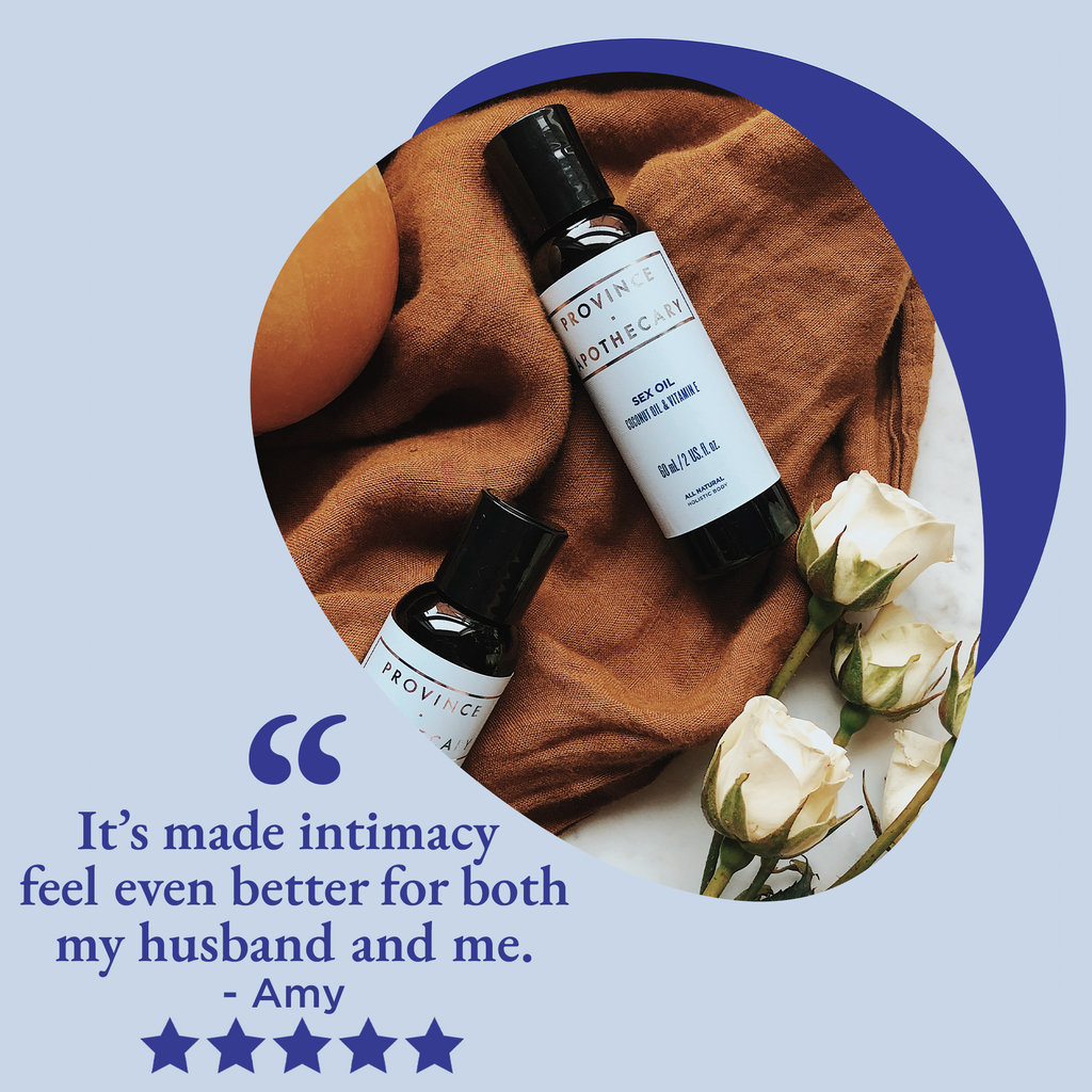 Province Apothecary's sex oil in 60ml bottle displayed in small circular image of romantically decorated scene featuring product bottle laying on dusty pink velvet fabric with yellow roses laid beside. Features customer testimonial text in left corner.