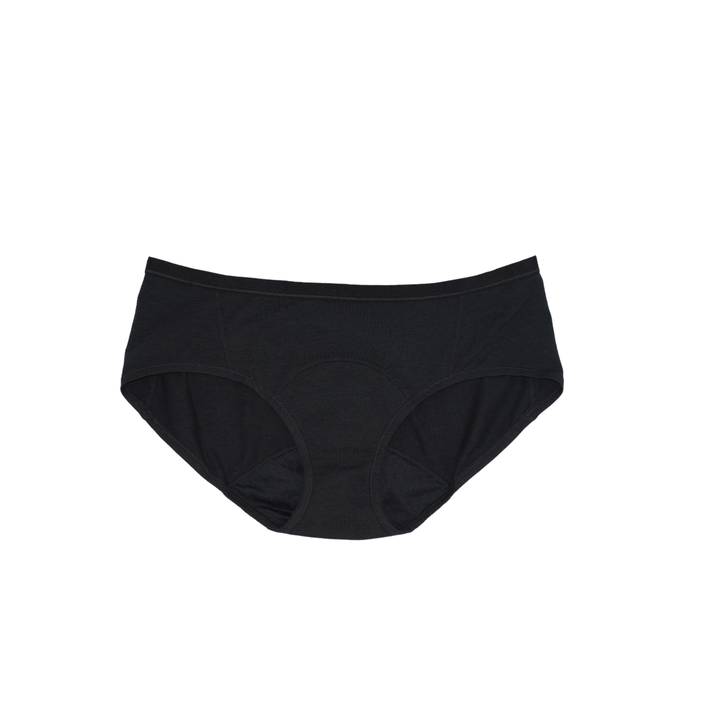 Pair of Aisle brand black hipster leakproof underwear laid on solid white background. Underwear are displayed without boarders in the center of the image. 