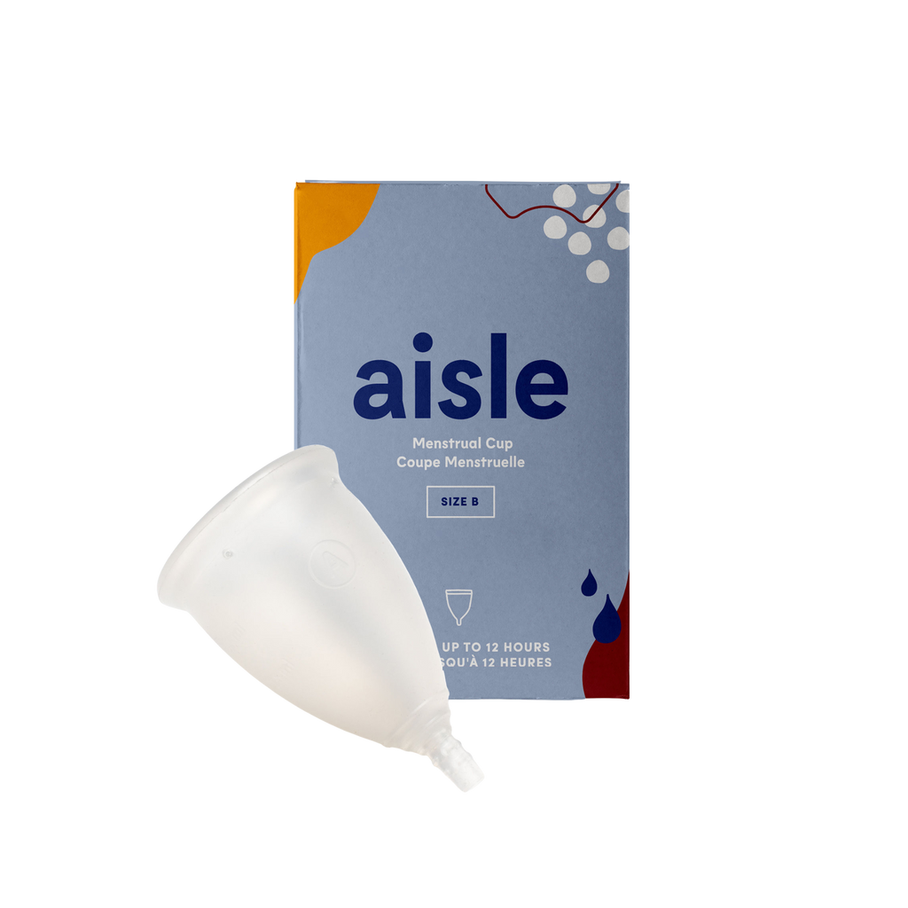 Blue decorated box of Aisle menstrual cup in size B with clear silicon menstrual cup placed in front on a white background.