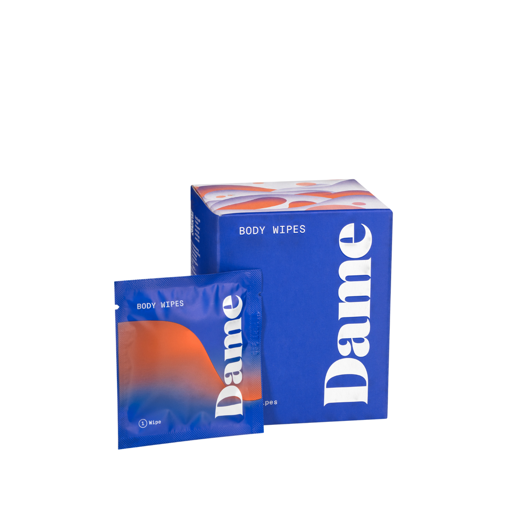 Blue box of dame body wipes in 15 count with individual sachet displayed in front on solid white background.