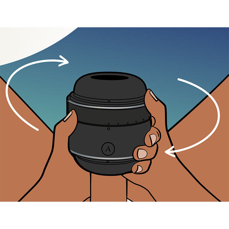 A grapich picture displayinf how the Archwave Compact stroker is intended to be used in circular motion fitted around the penis. The graphic displays two hands rotating the Arcwave stroker around penis and is intended for instructional purposes.