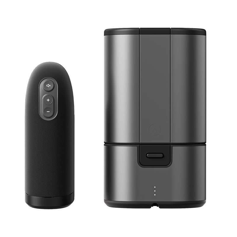 Mens personal stroker and masturbator technology by Arcwave being displayed outside of box in front of solid whit background.  Arc wave features an insertable component for penis owners and a carrying case with the product box in the center. 