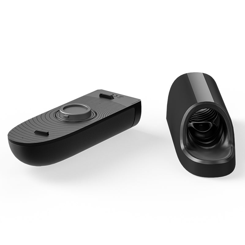 Mens personal stroker and masturbator technology by Arcwave being displayed outside of box in front of solid whit background.  Arc wave features an insertable component for penis owners and a carrying case with the product box in the center. 