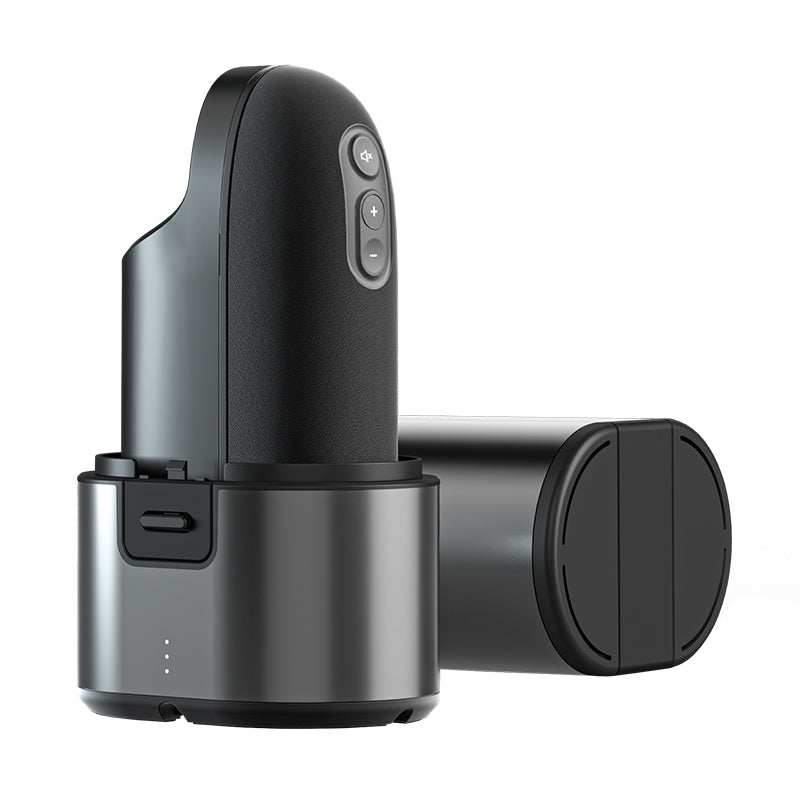 Mens personal stroker and masturbator technology by Arcwave being displayed outside of box in front of solid whit background.  Arc wave features an insertable component for penis owners and a carrying case with the product box in the center. 