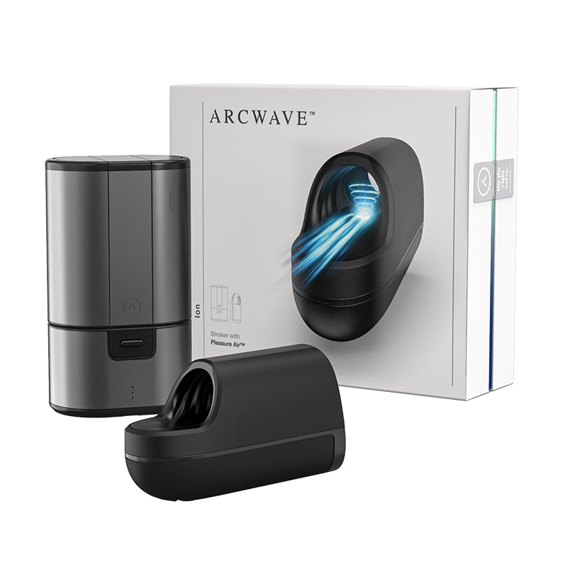 Mens personal stroker and masturbator technology by Arcwave being displayed outside of box in front of solid whit background.  Arc wave features an insertable component for penis owners and a carrying case with the product box in the center. 